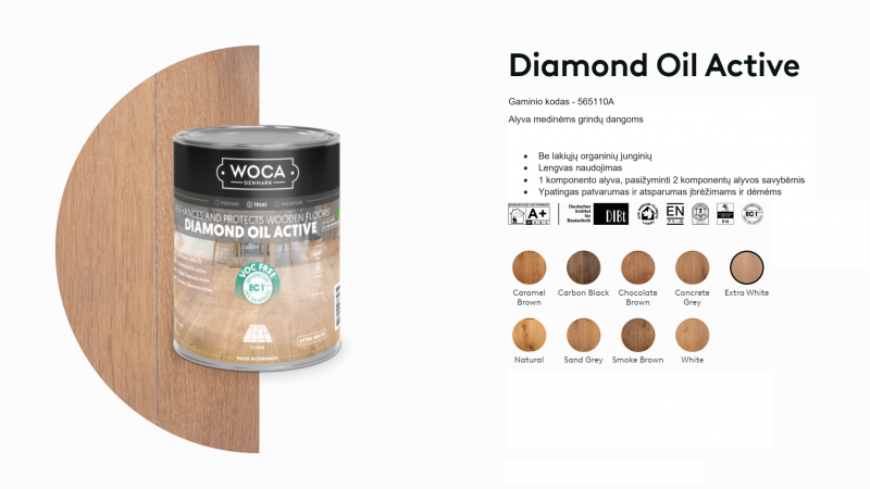 Alyva medinėms grindims Woca Daimond Oil Active Extra White, 1 L