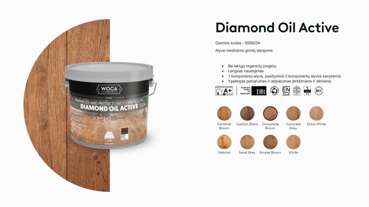 Alyva medinėms grindims Woca Daimond Oil Active Chocolate Brown, 2,5 L