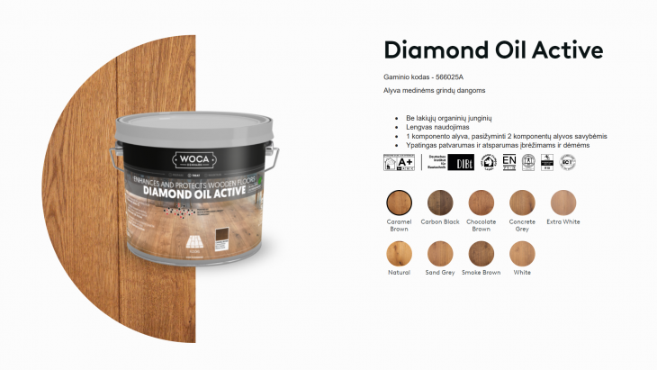 Alyva medinėms grindims Woca Daimond Oil Active Caramel Brown, 2,5 L