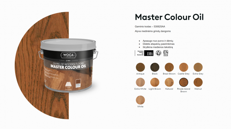 Alyva medinėms grindims Woca Master Colour Oil Rhode Island Brown, 2,5 L
