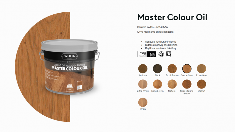Alyva medinėms grindims Woca Master Colour Oil Castle Grey, 2,5 L