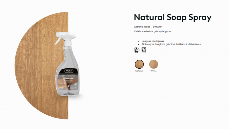 Purškiamas muilas medinėms grindims Woca Natural Soap, 0,75 L