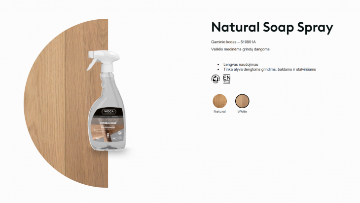Purškiamas muilas medinėms grindims Woca Natural Soap White, 0,75 L