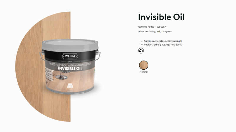 Alyva medinėms grindims Woca Invisible Oil, 2,5 L